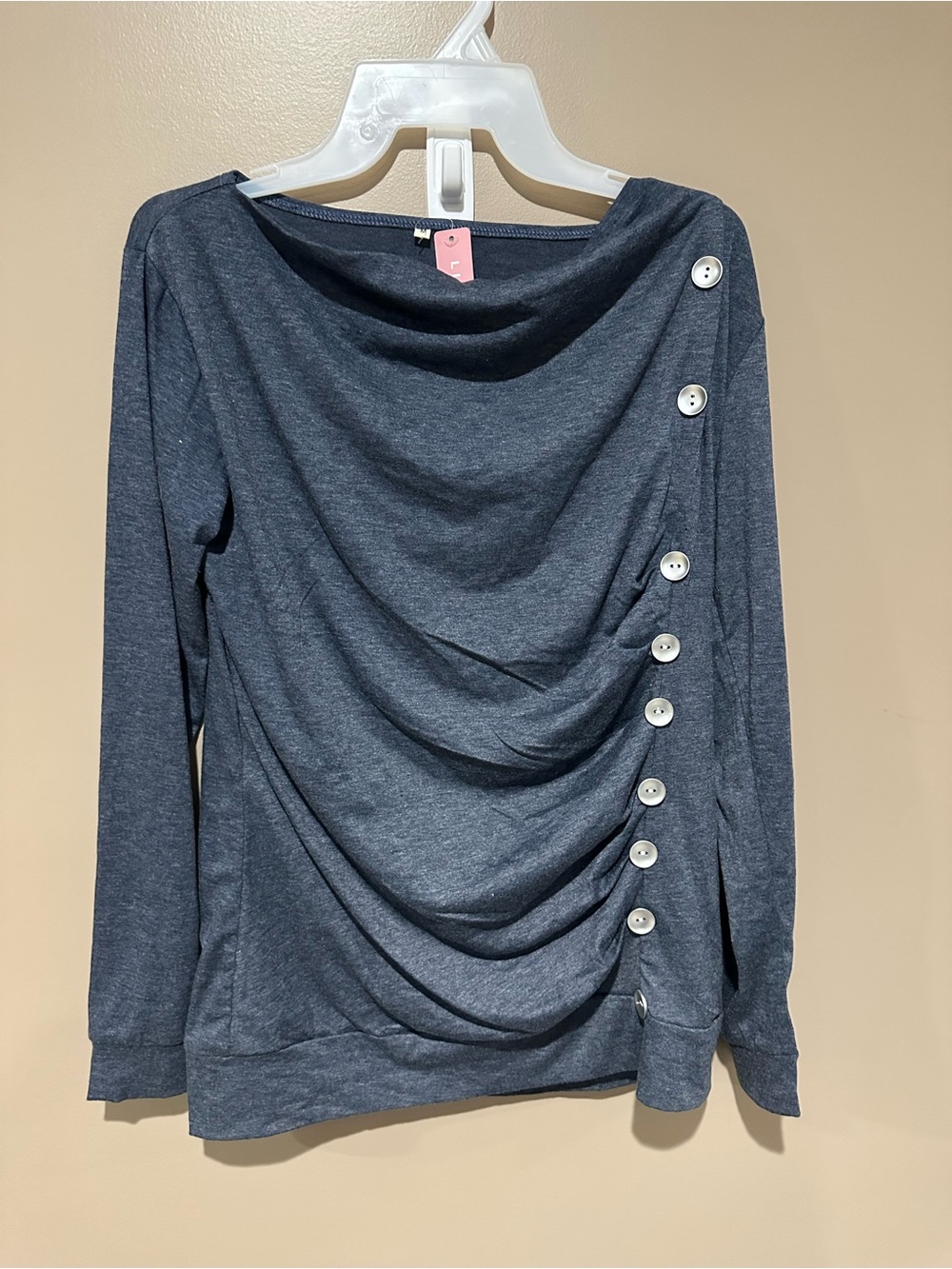 Women's Navy Draped Button-Accent Long Sleeve Top